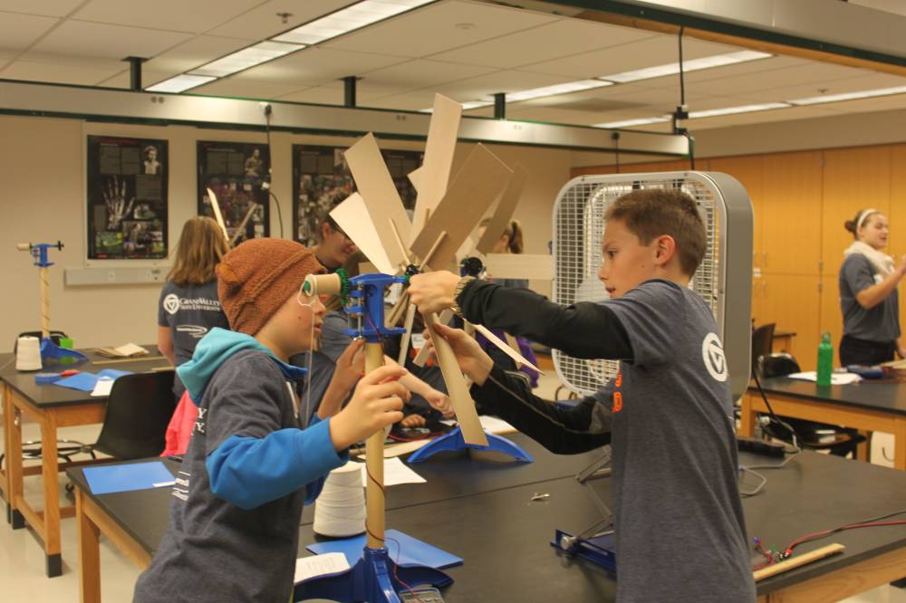 Students exploring adding more blades to turbines and adjusting angles